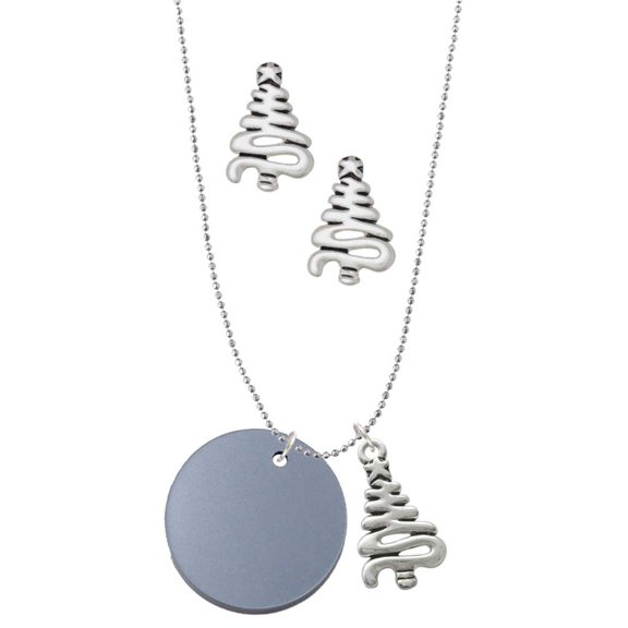 Delight Jewelry Acrylic 1" Disc Black Imitation Pearl Silver tone Zig Zag Christmas Tree Charm Necklace and Stud Earrings