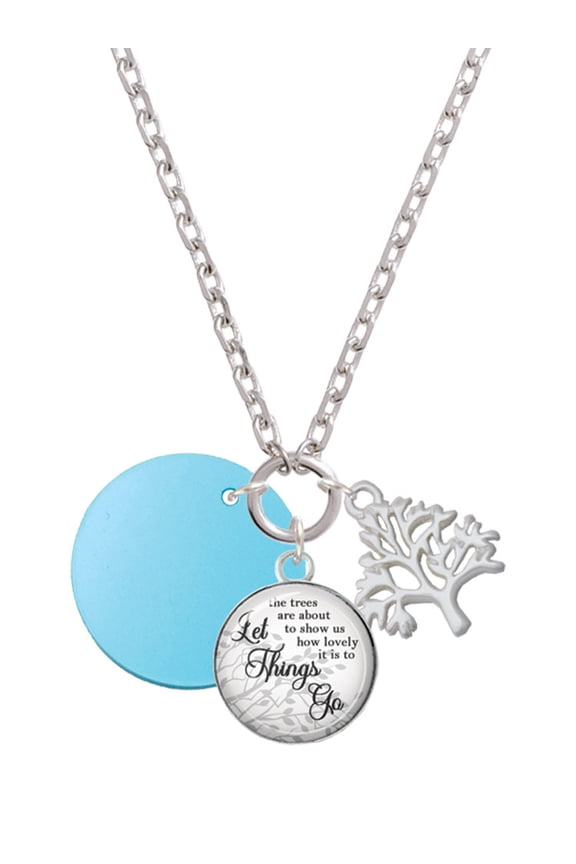 Acrylic 1" Disc Hot Blue Imitation Pearl Let Things Go Fall Zoey Charm Necklace, 28"