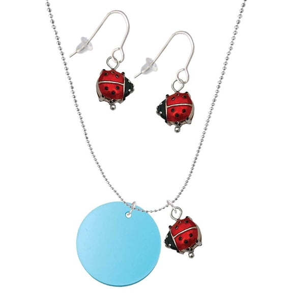 Delight Jewelry Acrylic 1" Disc Hot Blue Imitation Pearl Red Lucky Ladybug Necklace and Dangle Earrings Set