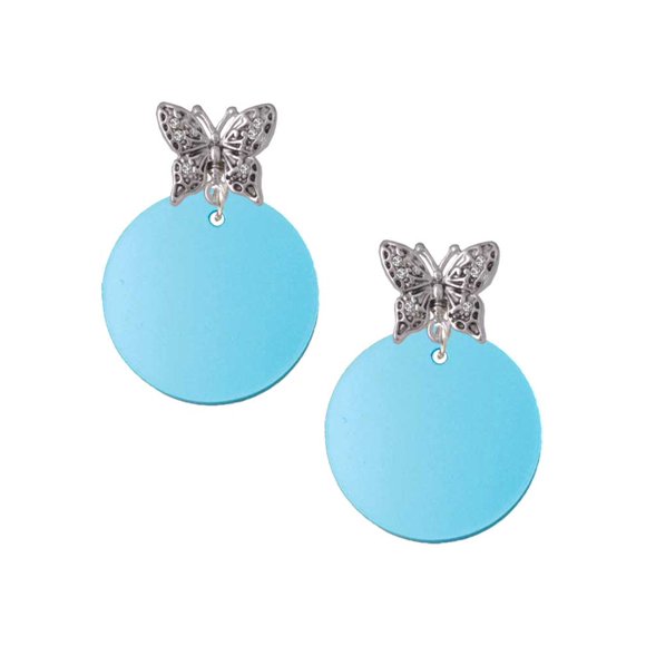 Delight Jewelry Acrylic 1" Disc Hot Blue Imitation Pearl Silvertone Antiqued Butterfly Post Earrings