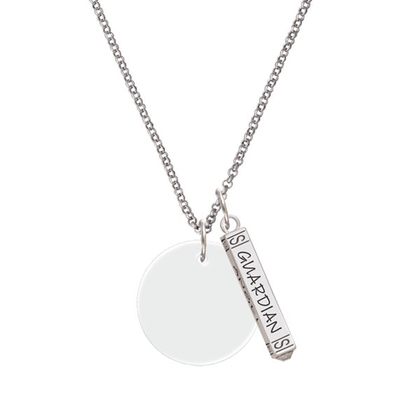 Delight Jewelry Acrylic 1" Disc Imitation Pearl Silvertone Guardian Angel Bar Charm Necklace, 23"