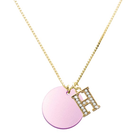 Delight Jewelry Acrylic 1" Disc Light Purple Imitation Pearl - Large Goldtone Crystal Initial - H - Charm Necklace, 17.5"+2"