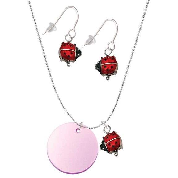 Delight Jewelry Acrylic 1" Disc Light Purple Imitation Pearl Red Lucky Ladybug Necklace and Dangle Earrings Set