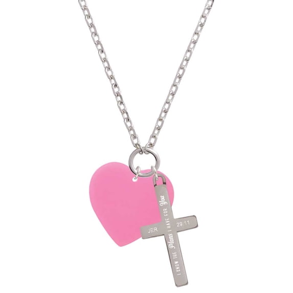 Delight Jewelry Acrylic 1" Hot Pink Heart I Have Plans for You Engraved Cross Zoey Necklace, 28"