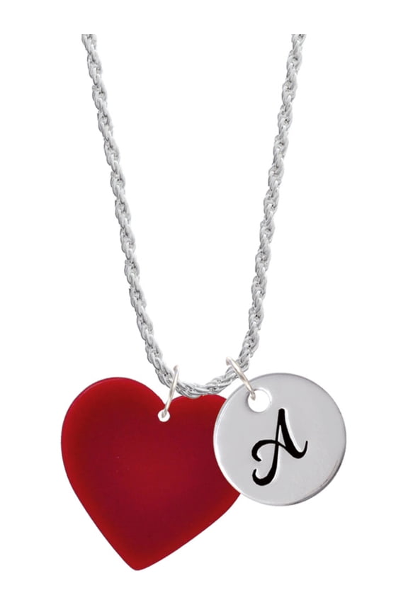 Acrylic 1" Maroon Heart Silvertone Script Initial Disc - A - Charm Necklace, 20"+3"