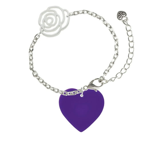 Delight Jewelry Acrylic 1" Purple Heart Silver-tone Flower Link Chain Bracelet, 6.75"+2" Extender