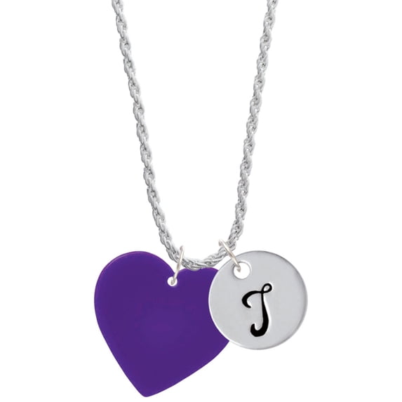 Delight Jewelry Acrylic 1" Purple Heart Silvertone Script Initial Disc - T - Charm Necklace, 20"+3"
