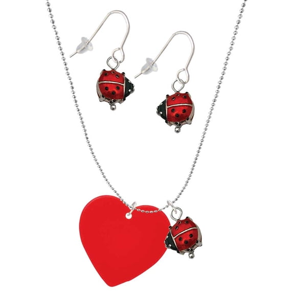 Delight Jewelry Acrylic 1" Red Heart Red Lucky Ladybug Necklace and Dangle Earrings Set