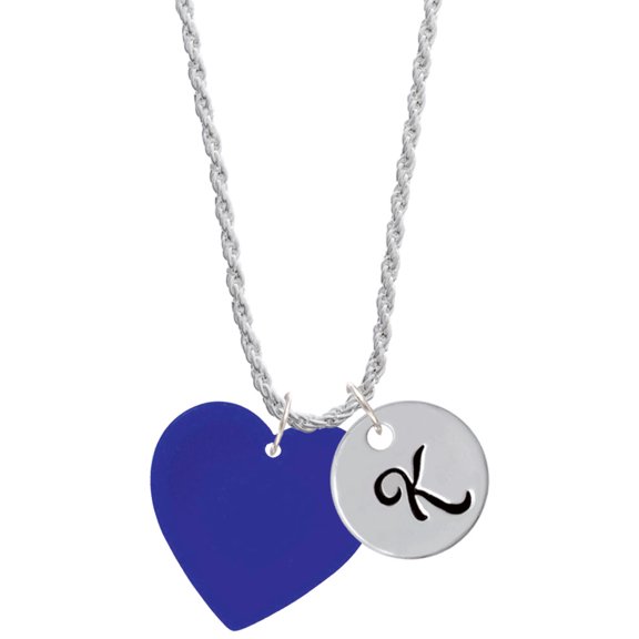 Delight Jewelry Acrylic 1" Royal Blue Heart Silvertone Script Initial Disc - K - Charm Necklace, 20"+3"