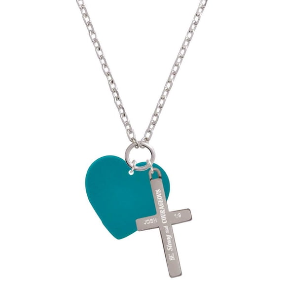 Delight Jewelry Acrylic 1" Teal Heart Be Strong and Courageous Engraved Cross Zoey Necklace, 28"