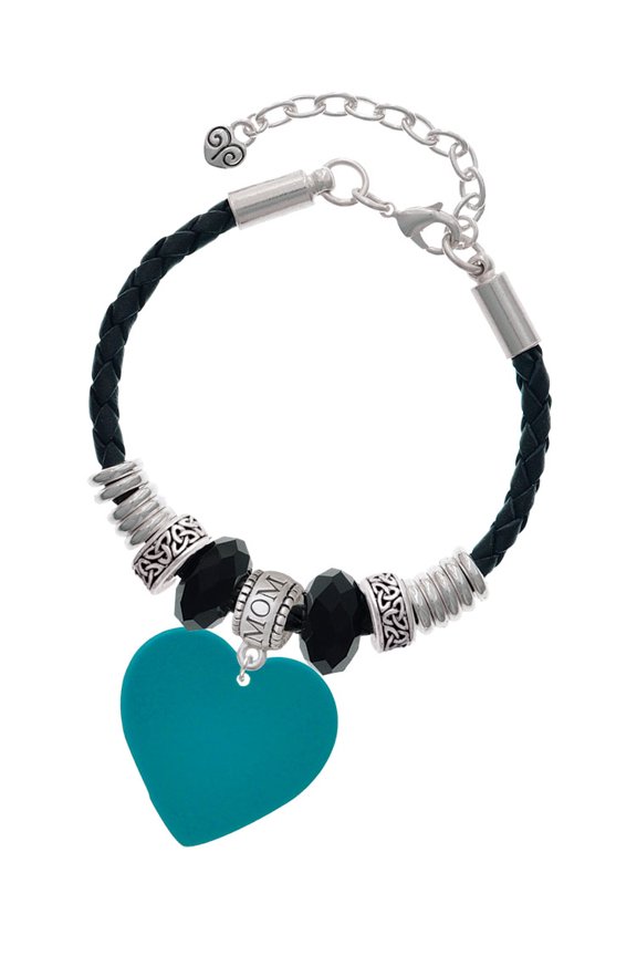 Acrylic 1" Teal Heart Mom Celtic Knot Leather Bead Bracelet, 7"+2" Extender