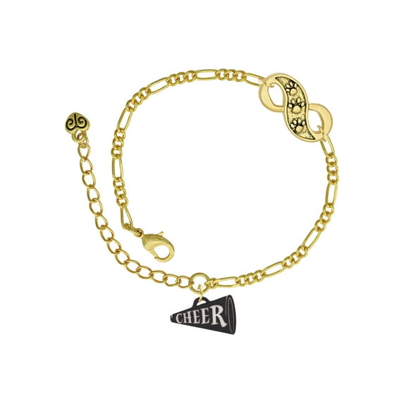 Delight Jewelry Acrylic 3/4" Black Cheer Megaphone Gold-tone Paw Infinity Link Chain Bracelet, 6"+2" Extender