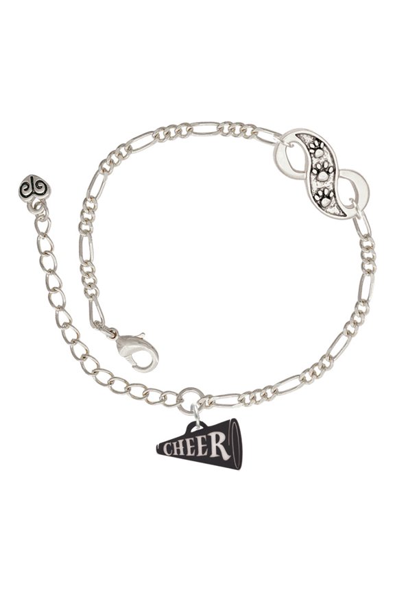 Acrylic 3/4" Black Cheer Megaphone Silver-tone Paw Infinity Link Chain Bracelet, 6"+2" Extender