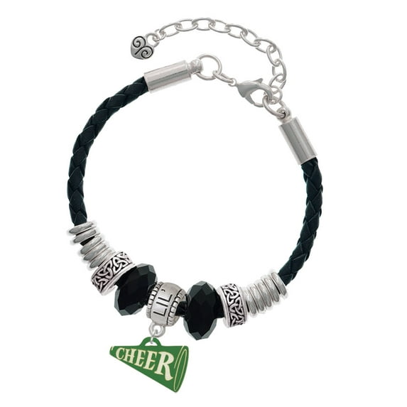 Delight Jewelry Acrylic 3/4" Green Cheer Megaphone Middle Sister Celtic Knot Leather Bead Bracelet, 7"+2" Extender