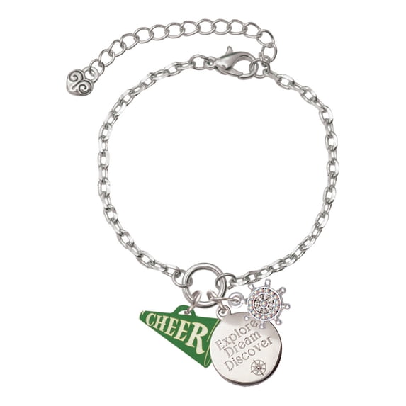 Delight Jewelry Acrylic 3/4" Green Cheer Megaphone Silvertone Discover Dream Explore Zoey Charm Bracelet, 6.5+2" Extender