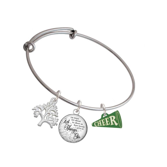 Delight Jewelry Acrylic 3/4" Green Cheer Megaphone Silvertone Let Things Go Tree Charm Bangle Bracelet