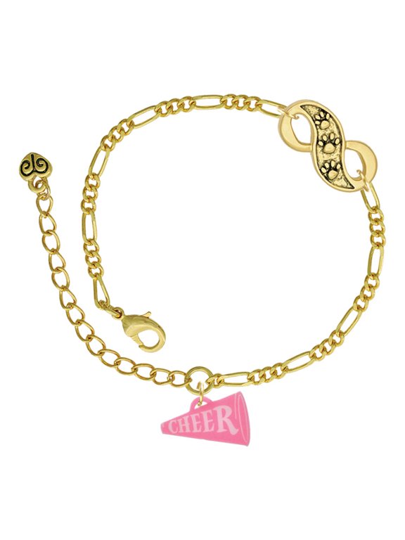 Acrylic 3/4" Hot Pink Cheer Megaphone Gold-tone Paw Infinity Link Chain Bracelet, 6"+2" Extender