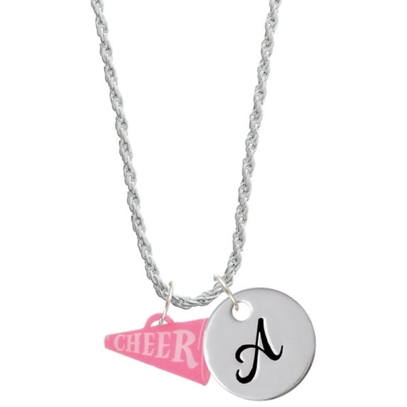 Delight Jewelry Acrylic 3/4" Hot Pink Cheer Megaphone Silvertone Script Initial Disc - A - Charm Necklace, 20"+3"