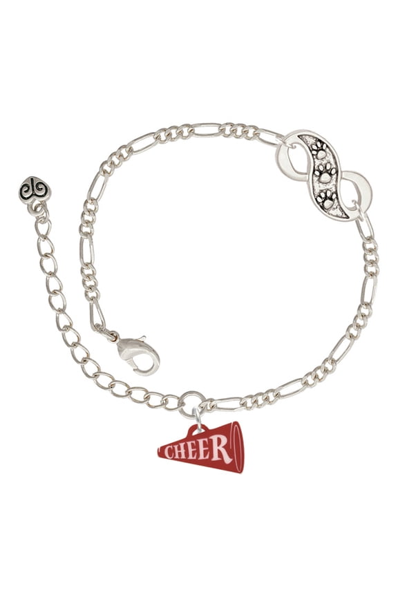 Acrylic 3/4" Maroon Cheer Megaphone Silver-tone Paw Infinity Link Chain Bracelet, 6"+2" Extender