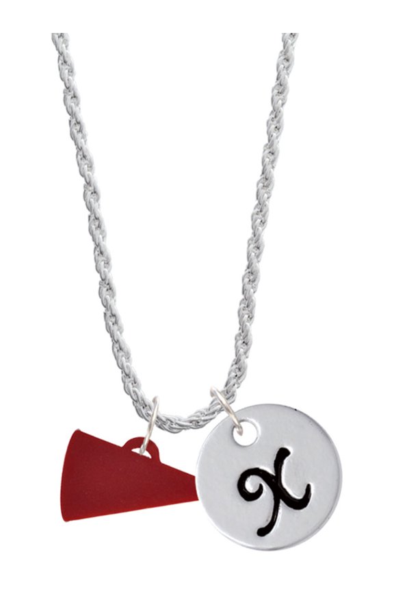 Acrylic 3/4" Maroon Megaphone Silvertone Script Initial Disc - X - Charm Necklace, 20"+3"