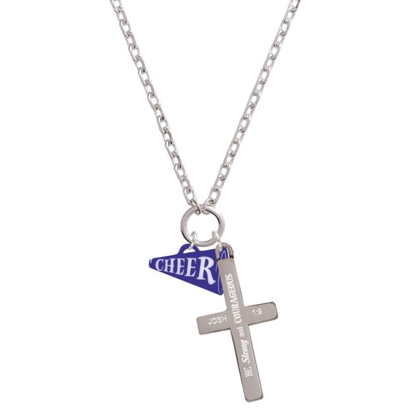Delight Jewelry Acrylic 3/4" Navy Cheer Megaphone Be Strong and Courageous Engraved Cross Zoey Necklace, 28"