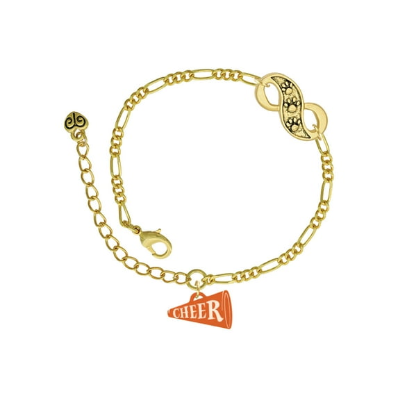 Delight Jewelry Acrylic 3/4" Orange Cheer Megaphone Gold-tone Paw Infinity Link Chain Bracelet, 6"+2" Extender