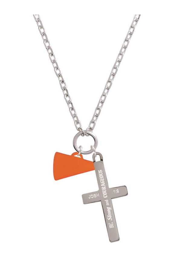 Acrylic 3/4" Orange Megaphone Be Strong and Courageous Engraved Cross Zoey Necklace, 28"