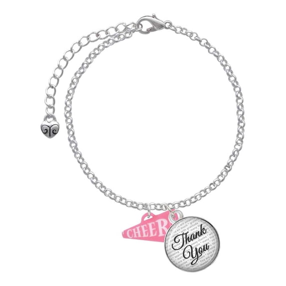 Delight Jewelry Acrylic 3/4" Pink Cheer Megaphone - Domed Thank You Charm Bracelet, 6"+2"