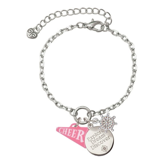 Delight Jewelry Acrylic 3/4" Pink Cheer Megaphone Silvertone Discover Dream Explore Zoey Charm Bracelet, 6.5+2" Extender