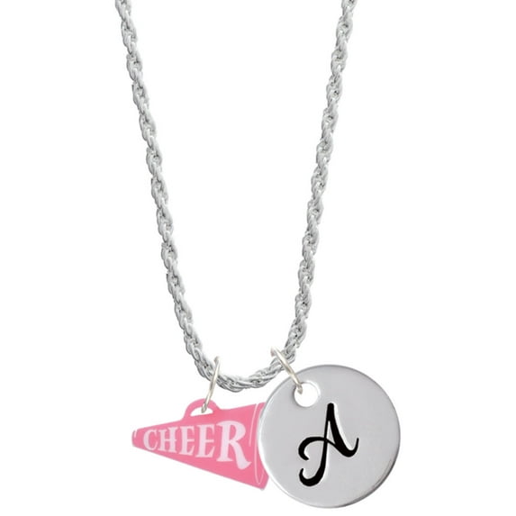 Delight Jewelry Acrylic 3/4" Pink Cheer Megaphone Silvertone Script Initial Disc - A - Charm Necklace, 20"+3"