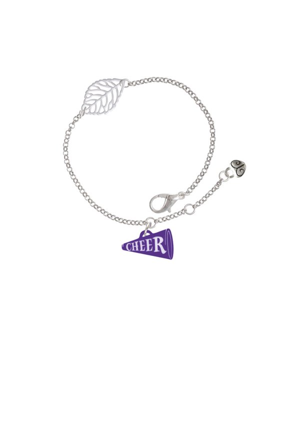 Acrylic 3/4" Purple Cheer Megaphone - Silvertone Leaf Delicate Bracelet, 6.25+1.75"
