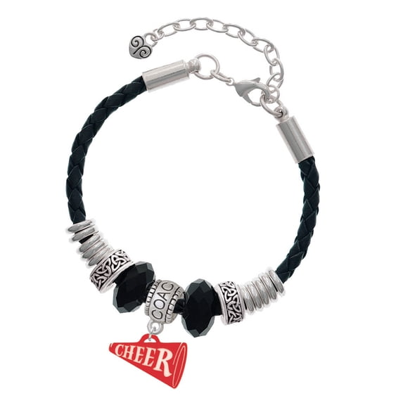 Delight Jewelry Acrylic 3/4" Red Cheer Megaphone Coach Celtic Knot Leather Bead Bracelet, 7"+2" Extender