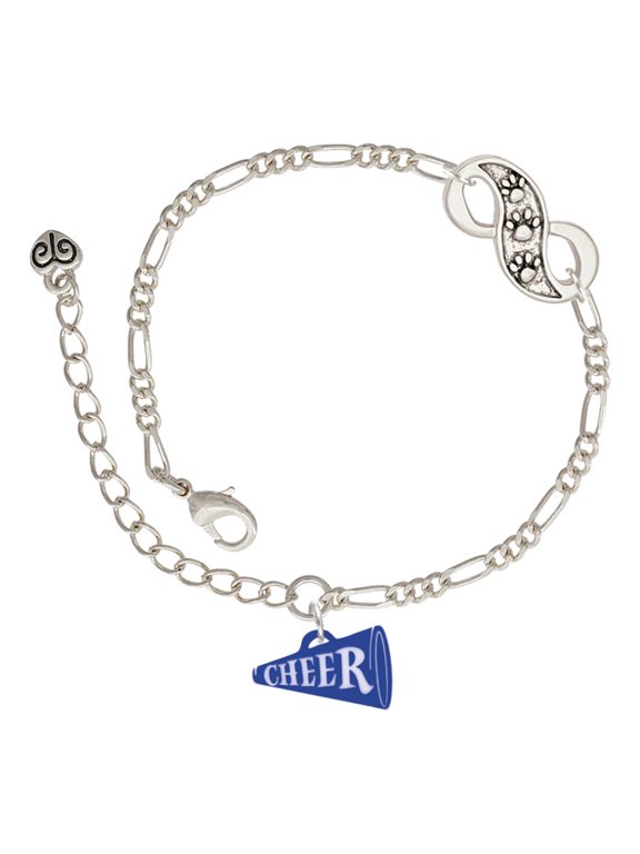 Acrylic 3/4" Royal Blue Cheer Megaphone Silver-tone Paw Infinity Link Chain Bracelet, 6"+2" Extender