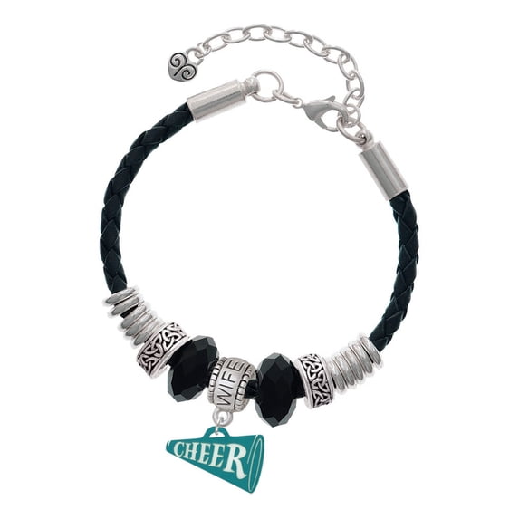 Delight Jewelry Acrylic 3/4" Teal Cheer Megaphone Wife Celtic Knot Leather Bead Bracelet, 7"+2" Extender
