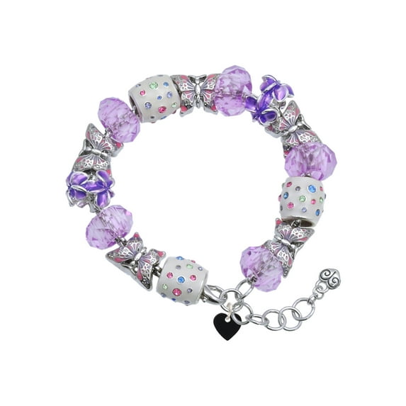 Delight Jewelry Acrylic 5/16" Black Heart Purple Butterfly Bead Charm Bracelet, 7"+1" Extender