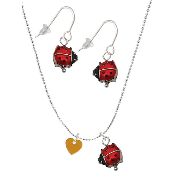 Delight Jewelry Acrylic 5/16" Goldtone Heart Red Lucky Ladybug Necklace and Dangle Earrings Set