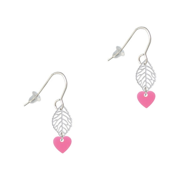 Delight Jewelry Acrylic 5/16" Hot Pink Heart Silvertone Leaf French Earrings