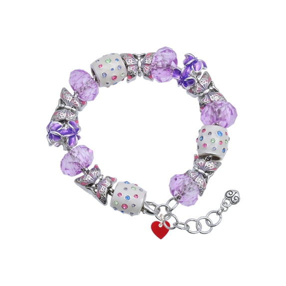Delight Jewelry Acrylic 5/16" Maroon Heart Purple Butterfly Bead Charm Bracelet, 7"+1" Extender