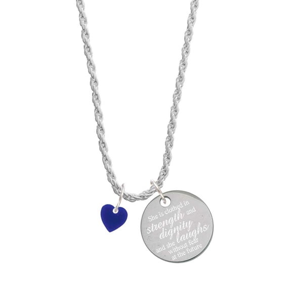 Delight Jewelry Acrylic 5/16" Navy Blue Heart She is Clothed in Stength and Dignity Charm Necklace, 20"+3"