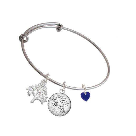 Delight Jewelry Acrylic 5/16" Navy Blue Heart Silvertone Let Things Go Tree Charm Bangle Bracelet