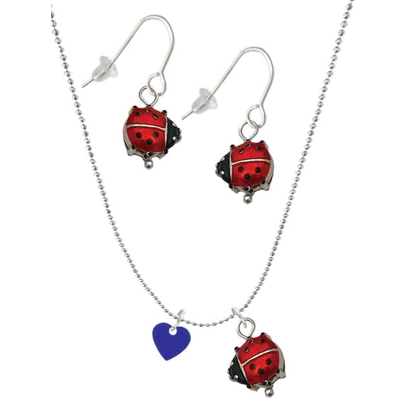 Delight Jewelry Acrylic 5/16" Royal Blue Heart Red Lucky Ladybug Necklace and Dangle Earrings Set
