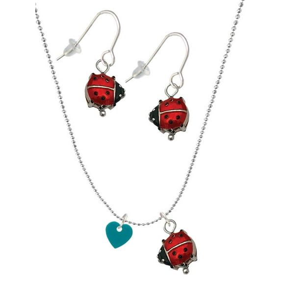 Delight Jewelry Acrylic 5/16" Teal Heart Red Lucky Ladybug Necklace and Dangle Earrings Set