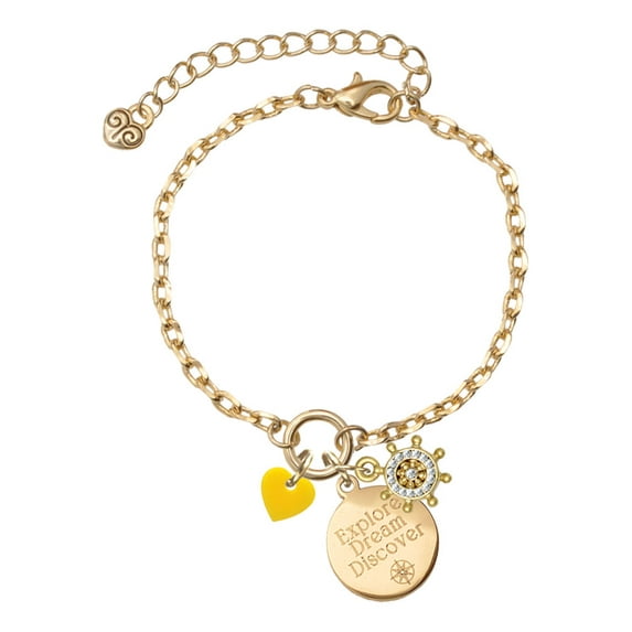 Delight Jewelry Acrylic 5/16" Yellow Heart Goldtone Discover Dream Explore Zoey Charm Bracelet, 6.5+2" Extender
