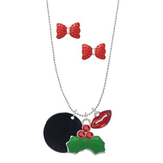 Delight Jewelry Acrylic 7/8" Disc Black Christmas Kiss Charm Necklace and Stud Earrings