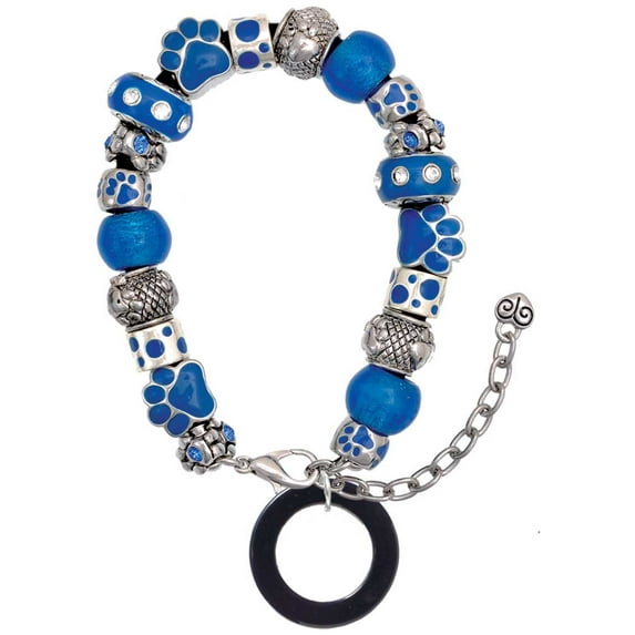 Delight Jewelry Acrylic 7/8" Ring Black Blue Paw Print Bead Bracelet, 7"+2"