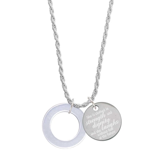 Delight Jewelry Acrylic 7/8" Ring Imitation Pearl She is Clothed in Stength and Dignity Charm Necklace, 20"+3"