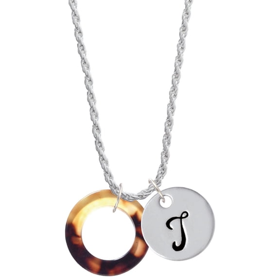 Delight Jewelry Acrylic 7/8" Ring Mixed Brown and Yellow Silvertone Script Initial Disc - T - Charm Necklace, 20"+3"