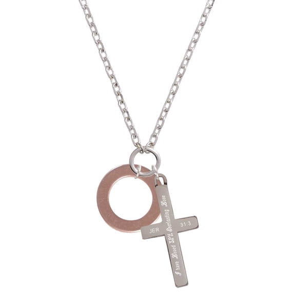 Delight Jewelry Acrylic 7/8" Ring Rose Goldtone Everlasting Love Engraved Cross Zoey Necklace, 28"