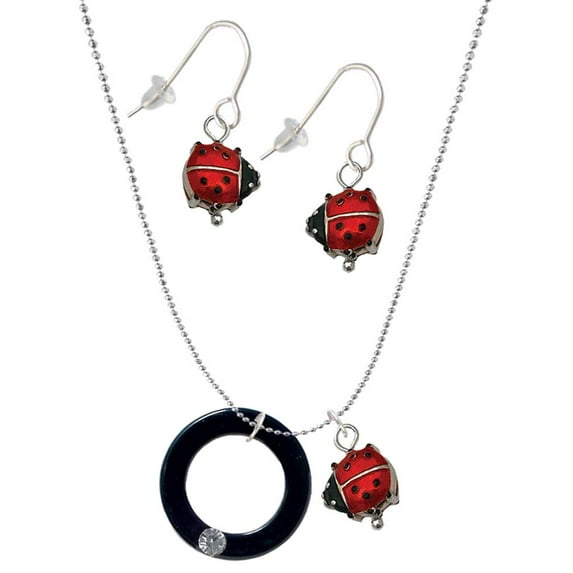 Delight Jewelry Acrylic 7/8" Ring with 4mm Crystal Black Red Lucky Ladybug Necklace and Dangle Earrings Set