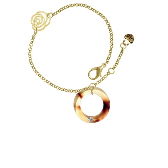 Delight Jewelry Acrylic 7/8" Ring with 4mm Crystal Mixed Brown and Yellow Gold-tone Rose Link Chain Bracelet, 6.25"+1.75" Extender